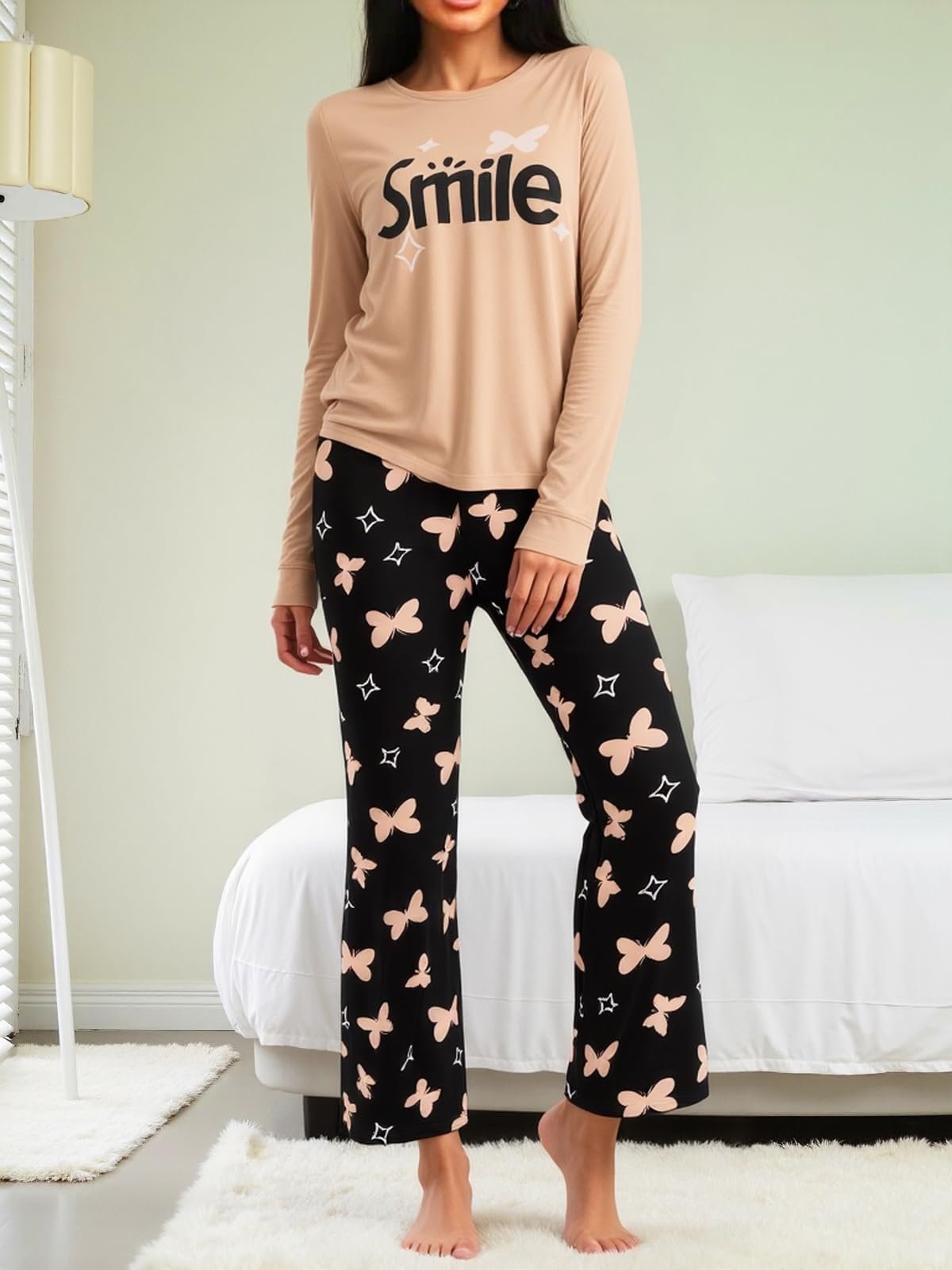 Women's Pajama Set, Long Sleeve Top and Wide Leg Pants, Cute Print Sleepwear Outfit for Home and Outdoor