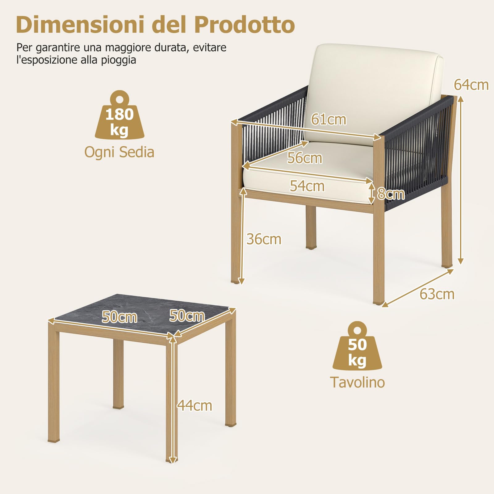 COSTWAY Set Salotto da Giardino 3 Pezzi, Set Conversazione con Tavolo e 2 Sedie, Corde Intrecciate e Cuscini, Struttura in Metallo Resistente, Tavolo e Sedie per Patio, Balcone, Terrazza e Giardino
