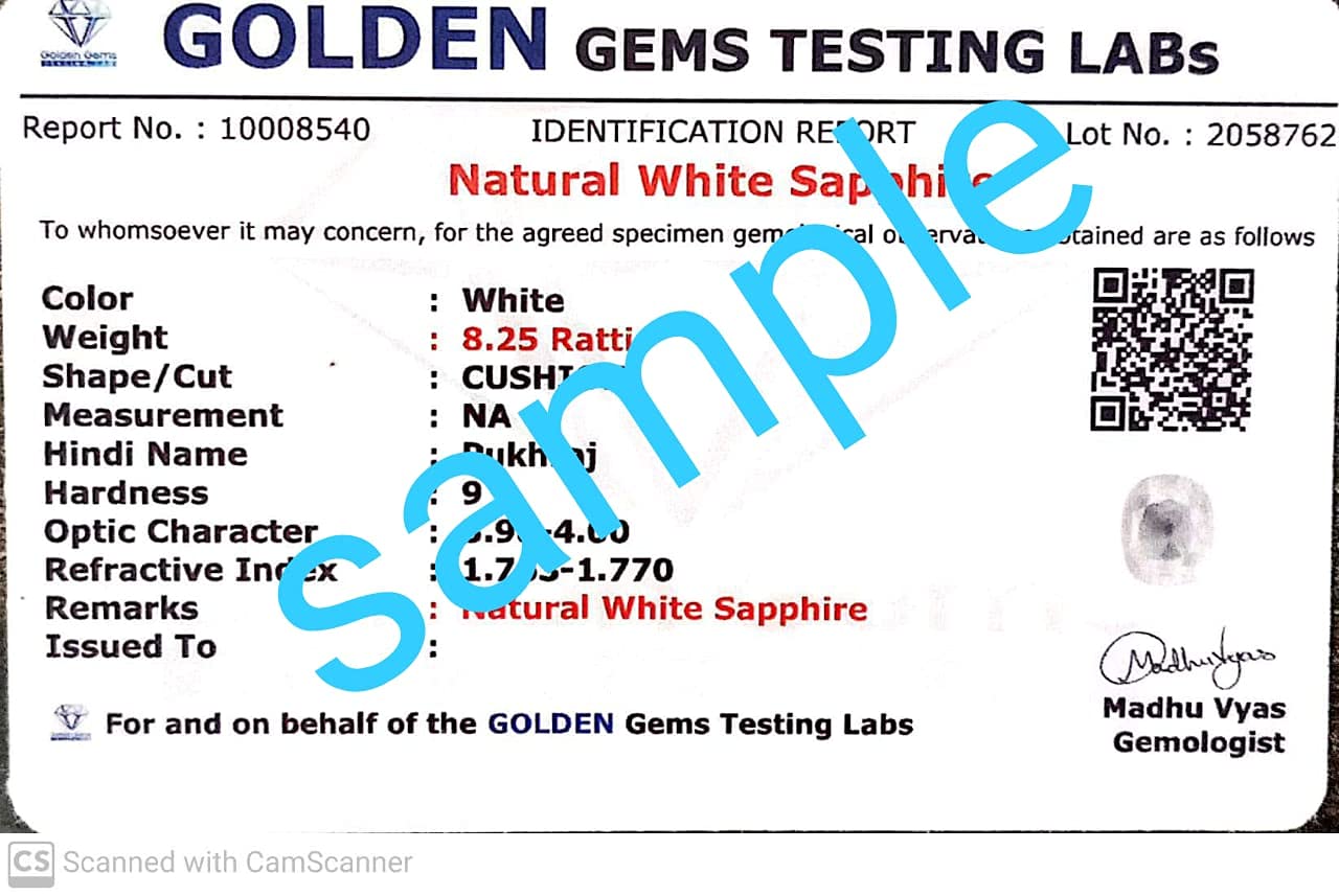 Anuj Sales Anello in oro 8,25 Ratti da 7,20 carati, con zaffiro bianco naturale, certificato non riscaldato, non trattato, anello regolabile Pukhraj, pietra portafortuna preziosa pietra preziosa sfusa
