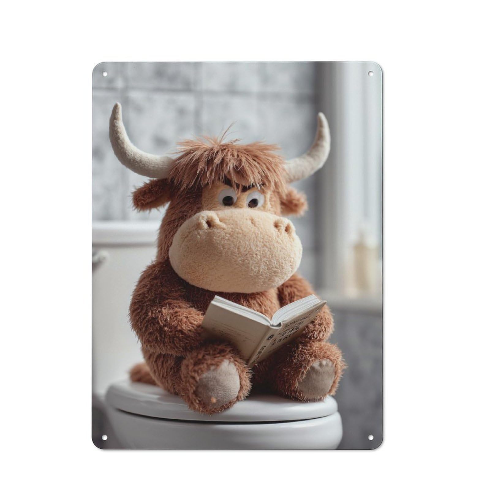Junmoney Style-22 Stuffed Bull Reading On Toilet Retro-Style Tin Sign 40X30cm For Guest Room Or Hallway, A Christmas Gift For People Styling Guest Room And Hallway