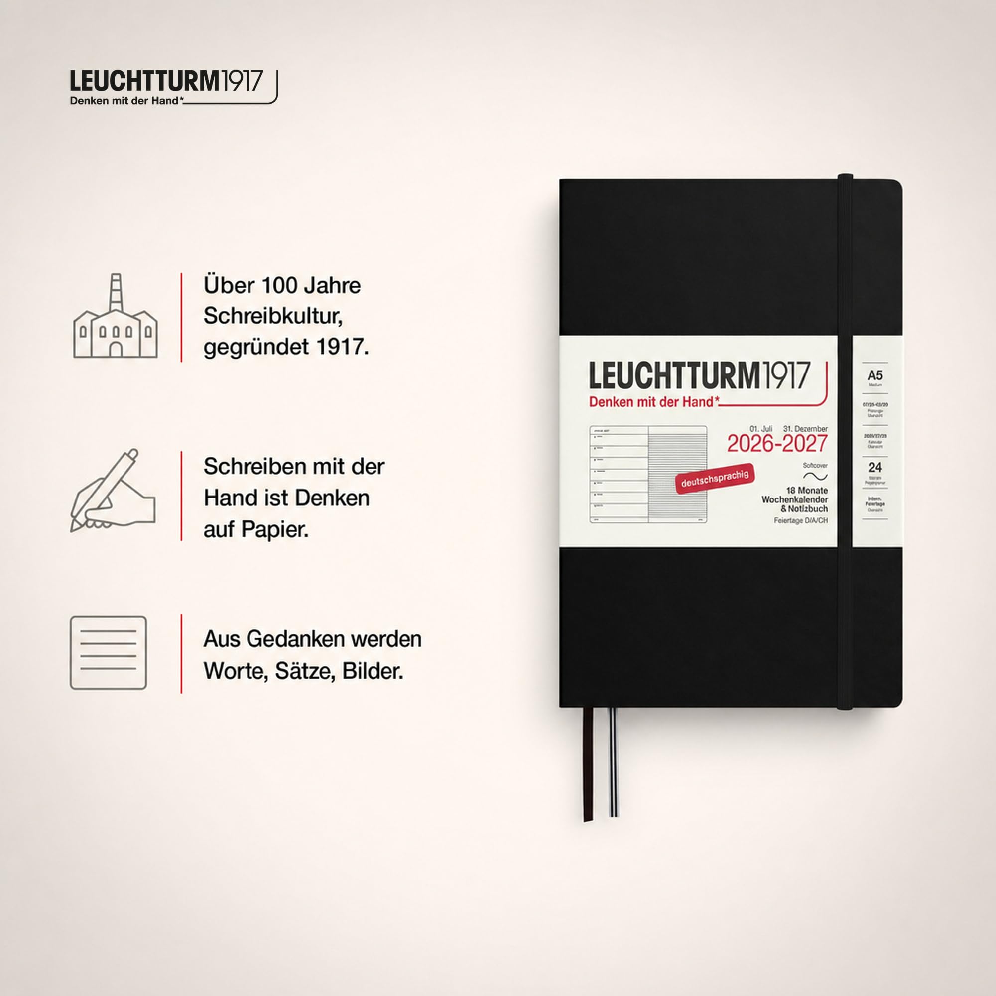 LEUCHTTURM1917 Agenda semanal 2027 A5 con cuaderno, a rayas, agenda alemana, 18 meses de julio de 2026 a diciembre de 2027, negro, tapa blanda, 210 x 145 mm, vista semanal izquierda + página de notas
