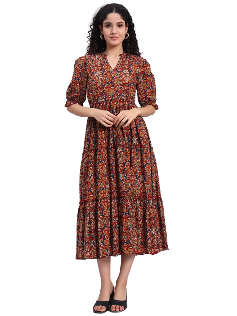 PIDAVLIYA'S Women's Floral Summer Maxi Dress I Cotton Printed I One Piece Bodycon Midi Dress with V-Neck, Puffed Sleeves (in, Alpha, M, Regular, Multicolour)