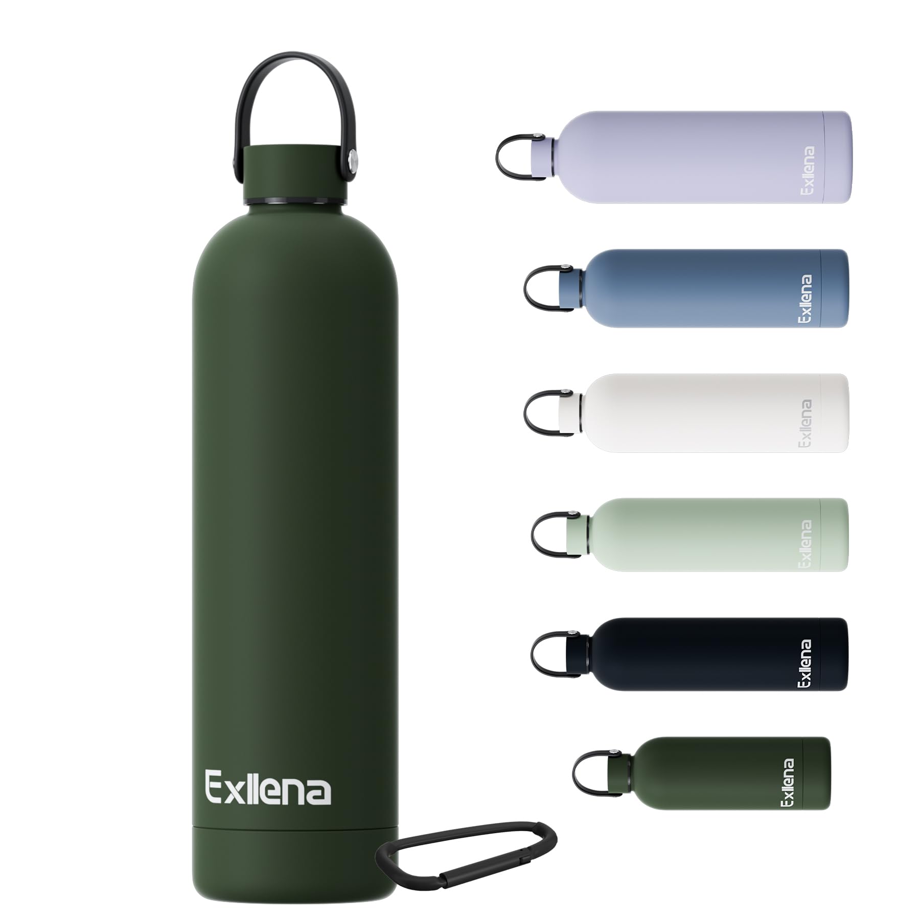 Exllena Borraccia Termica 1 Litro con Maniglia e Moschettone - Bottiglia Termica 1 Litro Mantenere Calore/Freddo - Senza BPA - 100% A Tenuta Stagna per Escursioni, Campeggio, Viaggi...(Verde Pino)
