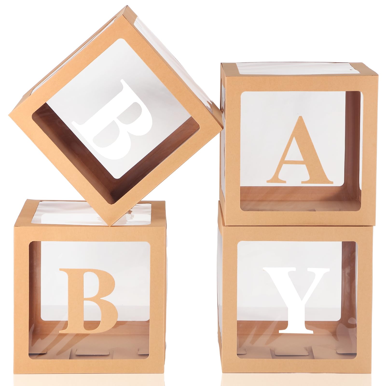 Zhanmai Brown Bear Baby Boxes With Letters for Baby Shower,Gender Reveal Party Centerpiece Decor, 4 Pcs Clear Balloon Block Boxes for Birthday Rustic