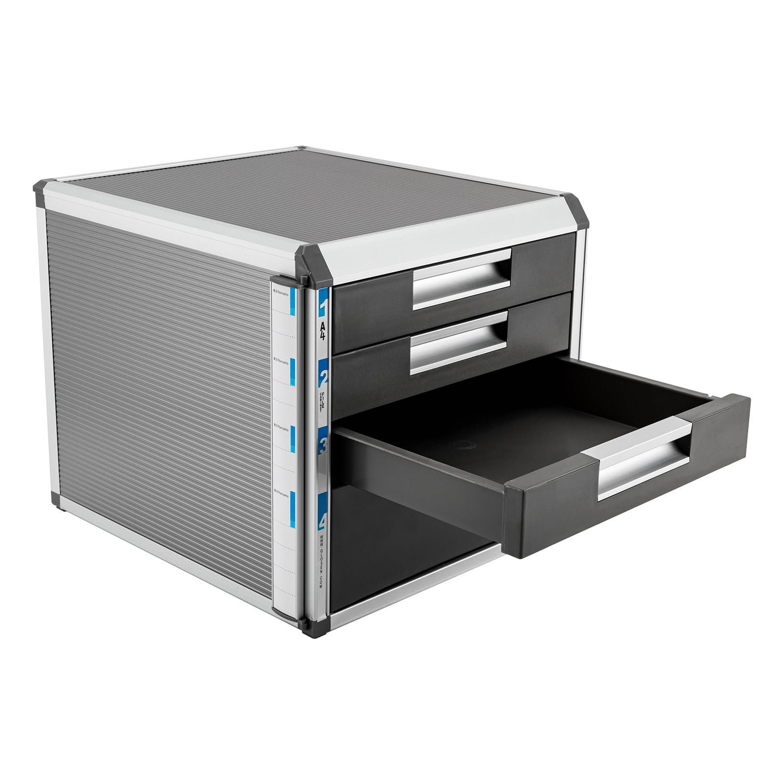 Schubladenbox, Kunststoff Ablagebox mit 4/5 Schubladen für Din A4, Aluminiumlegierung Bürobox mit Schlüssel für Büros, Schulen, Hotels (4 Ebenen)