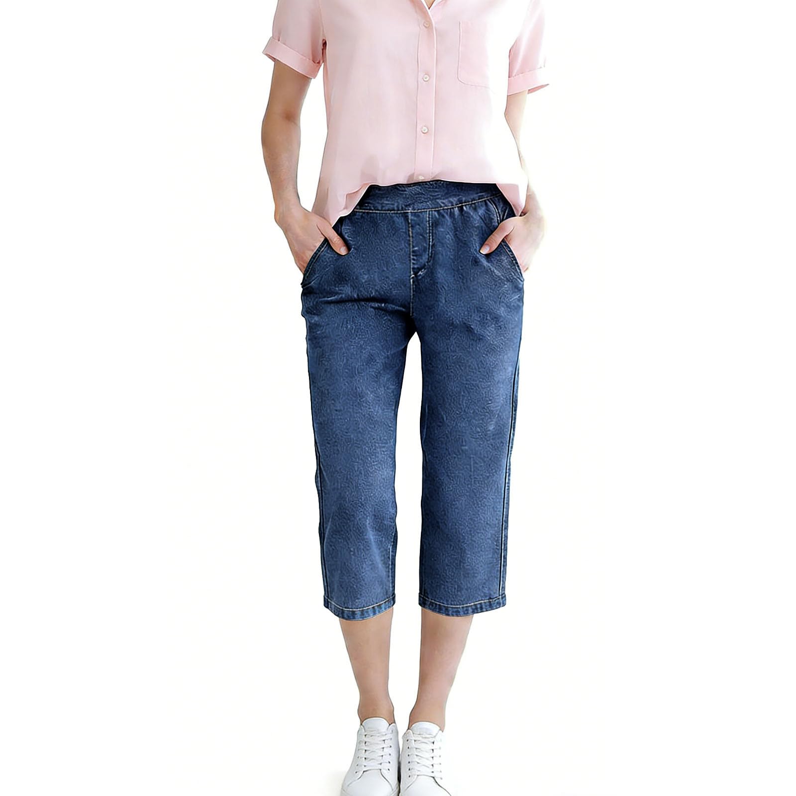 Générique Short Jeans Femme Été Chic Large Shorts Denims et Bermudas Habillé Femmes Pant Jeans Coupe Droite Grande Taille Élastique avec Poches Pantacourt en Jean Confortable Ample Mode Casual
