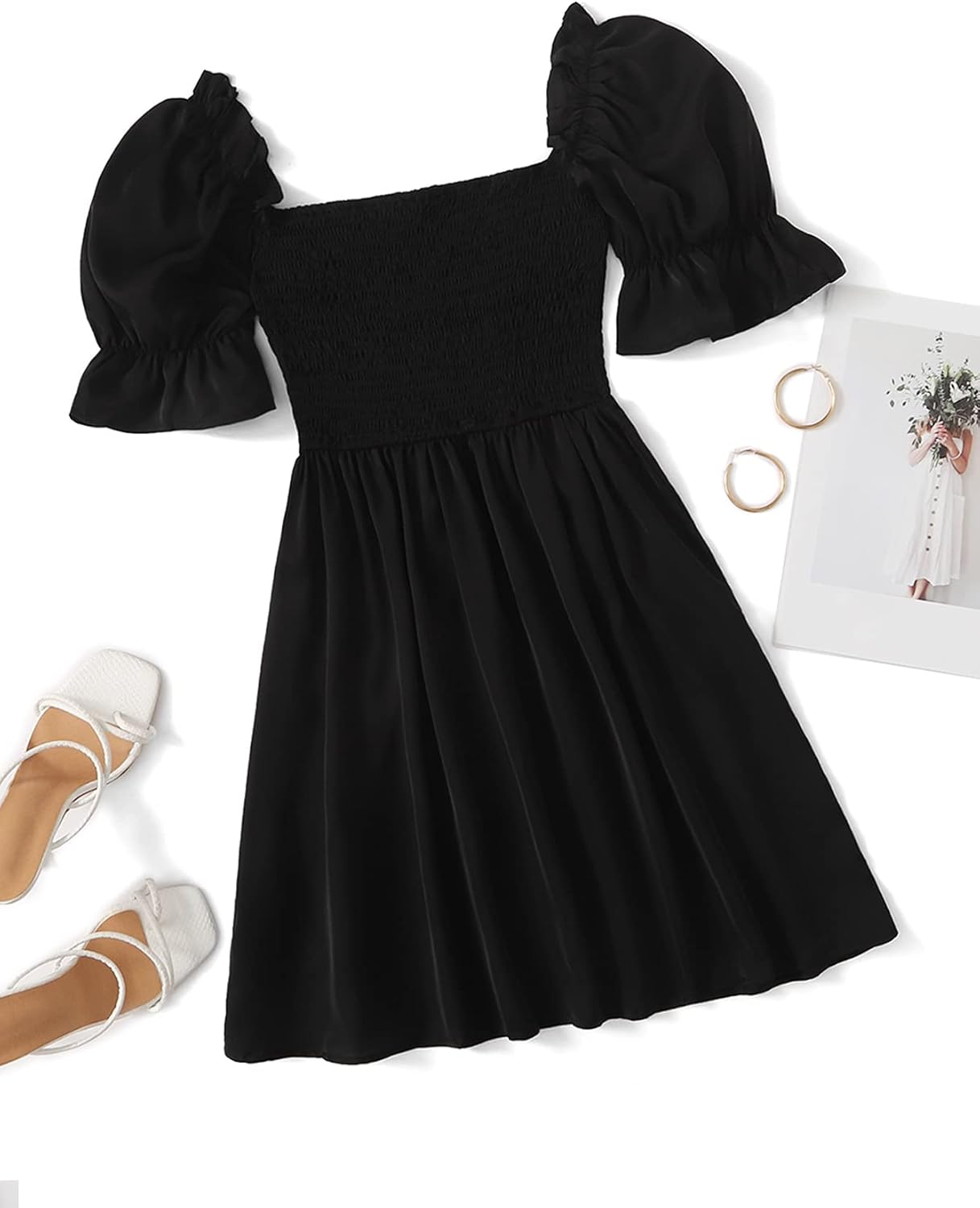 WDIRARA Women's Square Neck Flounce Short Sleeve Shirred Ruffle Hem Dress - Image 5