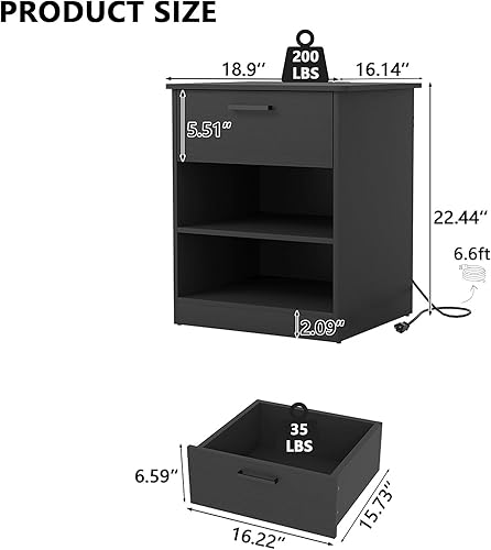 Miniatura 2 de Mesita de noche con estación de carga, moderna mesita de noche con puertos USB tipo C y salidas de CA, mesita de noche grande con cajón y