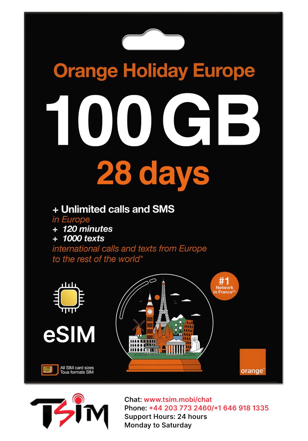 100GB 28 Day Orange Europe eSIM, Unlimited Local Calls/Text, 120 Minutes+1000 Texts to Worldwide, eSIM QR Code Sent by email Within 24Hrs of Shipping. Scan QR Code and use Immediately!