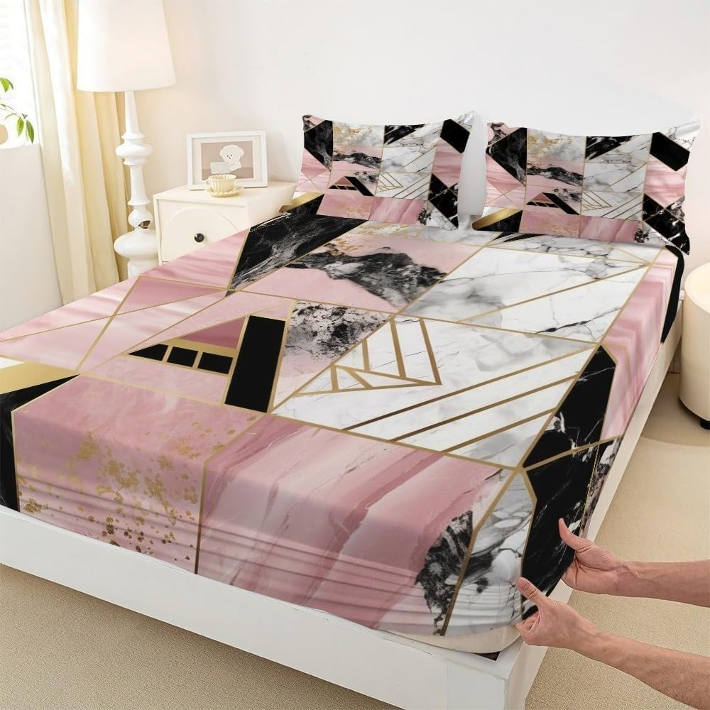 Sabana Bajera 135x190 GeoméTrico Sabanas Bajeras Estampadas Textura De MáRmol Sábana Bajera Ajustable Suaves, Elastico Funda Colchon con 2 Funda Almohada 50x80 cm, para Colchón de 30cm de Altura