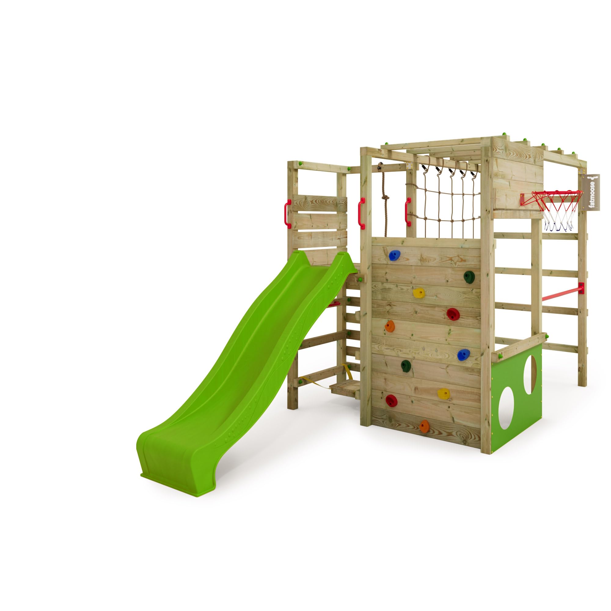 FATMOOSE Wooden climbing frame ActionArena with swing set and apple green slide, Garden playhouse with climbing wall & play-accessories