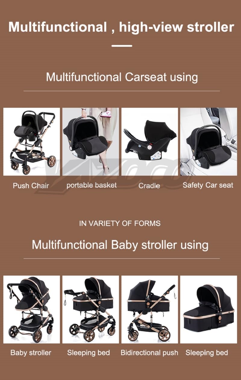 trio passeggino neonati in offerta fino 25 kg,Carrozzina reversibile fronte mamma e strada, Pieghevole，Con borsa mamma, portabicchieri, Coperchio pioggia (3 in1 739 Oro nero)