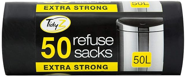 Tidyz Extra Strong 50 Black Refuse Sacks Bin Bags, 50L