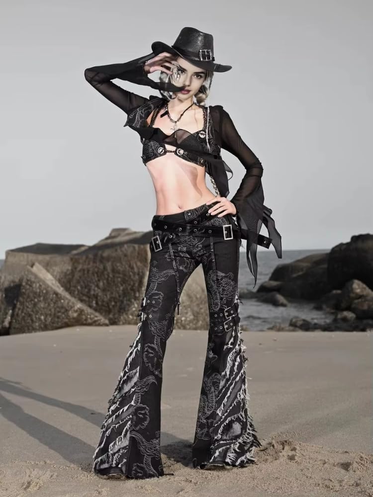 Y2K Grunge Flare Leg Jeans - Punk Aesthetic Denim Pants with Tassel & Horn Accents, Includes Belt: Black Small
