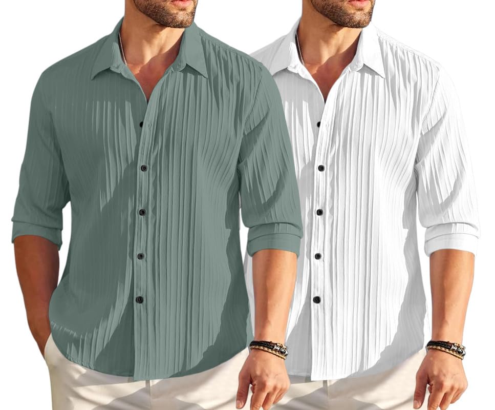 Image of FINIVO FASHION Men's Cotton Blend Shirt Set Lightweight, Full Sleeves, Plain Texture, Button Closure, Summer Ready (Pack of 2)