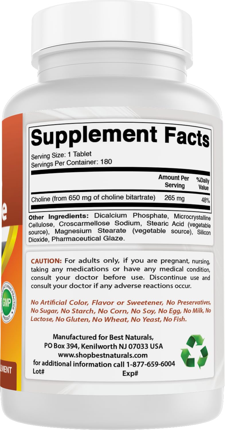 Best Naturals Choline Bitartrate 650 mg (Non-GMO) for Healthy Cognitive Brain Function 180 Tablets — Amazon image 6