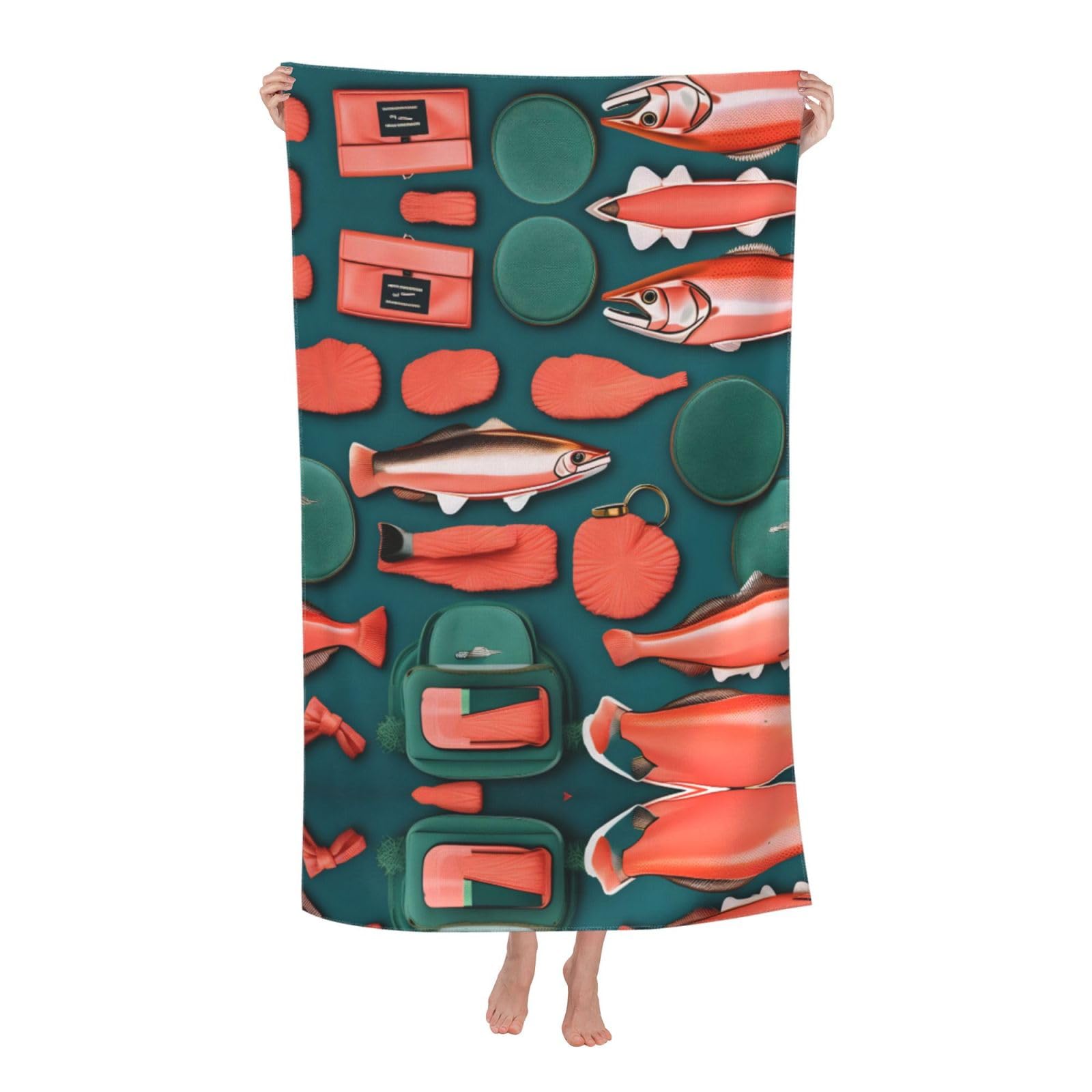 Oazcvbnn Women's White Salmon Pattern Print Adult Beach Towel Summer Travel Pool Vacation Swimming Fitness Outdoor Adventures