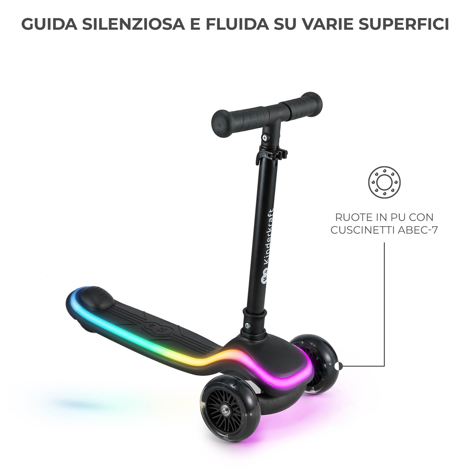 Kinderkraft RAKET Monopattino Bambini 2+ Anni a 3 Ruote con Luci LED RGB – Leggero e Pieghevole, Manubrio Regolabile, Sistema di Equilibrio, Freno Sicuro, Nero