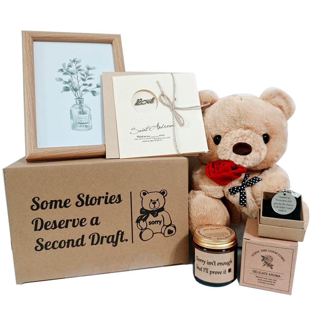 Photo 1 of WTTKBL I'm Sorry Gifts Set 5 Pcs Apology Gifts Include I'm Sorry Plush Bear, Candle, Apology Card, Keychain, Picture Frame for Her/Mom/Wife/Girlfriend/Women/Men/Dad/Husband/Boyfriend