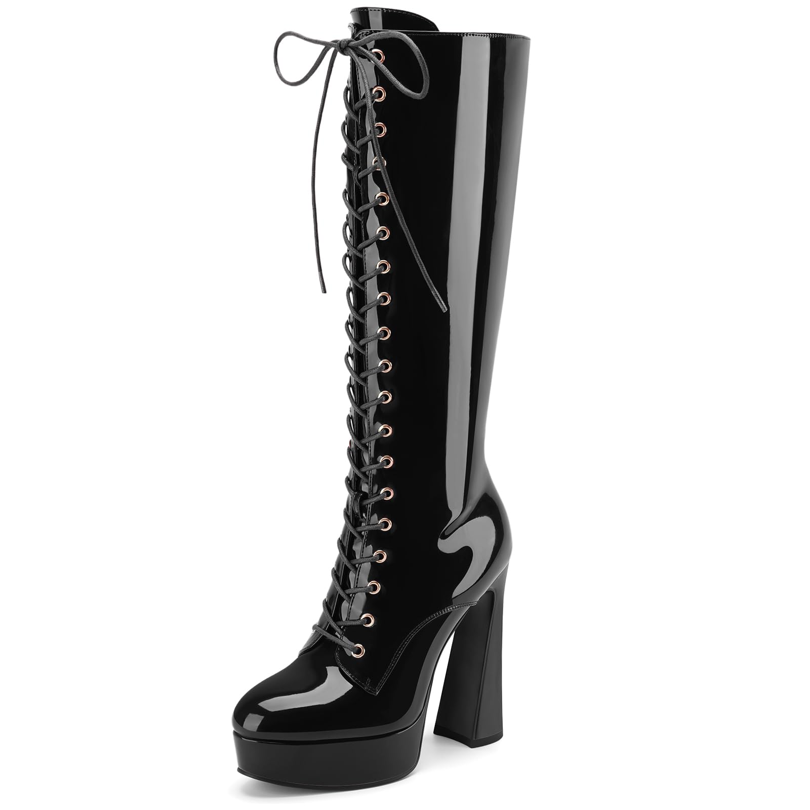 Womens Lace Up Knee High Boots Platform Chunky High Heel Rounded Toe Boots Fashion Patent Leather Long Boots