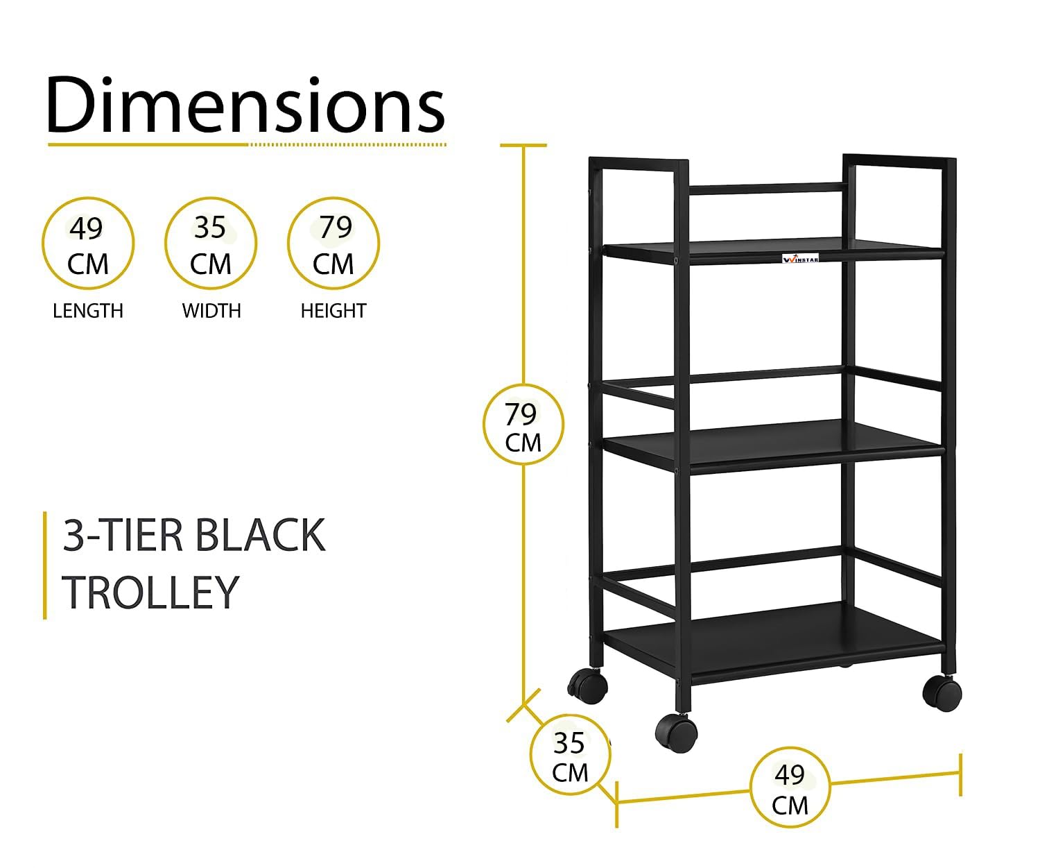 WINSTAR Metal Rolling Trolley with Lockable Wheels | Heavy Duty Multifunctional Metal Frame Cart | Ideal for Home, Kitchen, Bathroom and Office Storage | (Black, 3-Tier) 1
