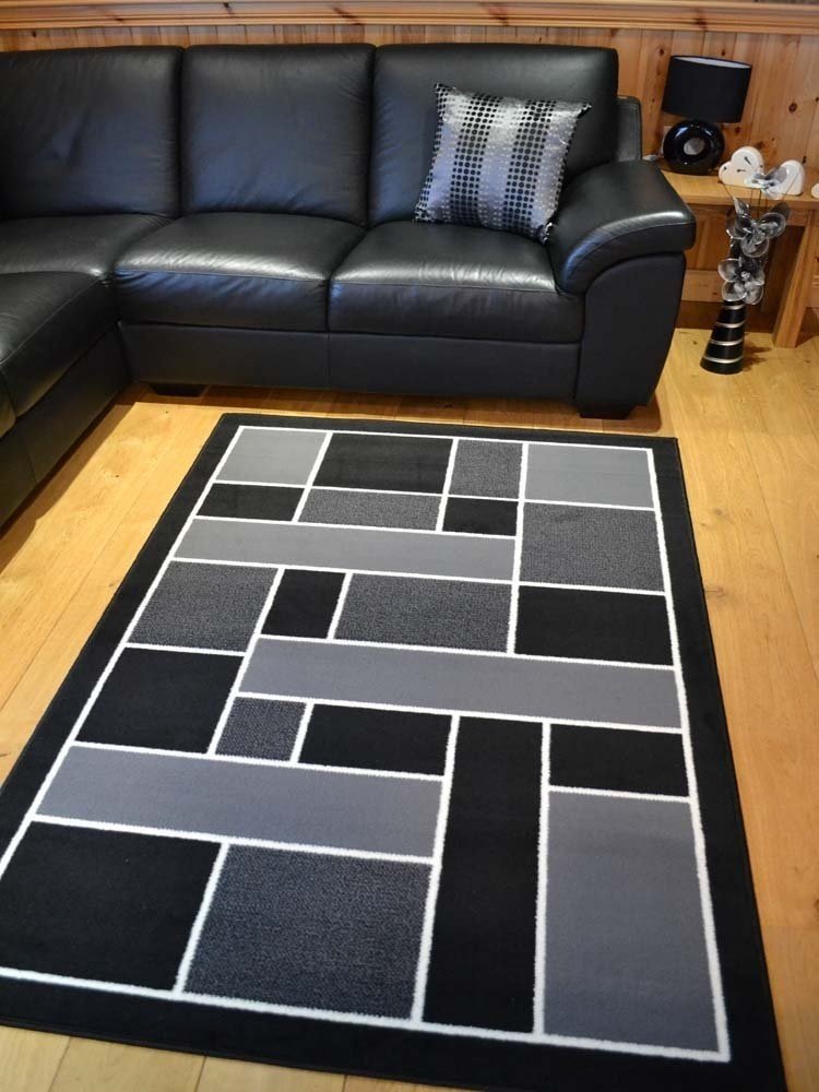 Trend Black And Silver Grey Square Design Rug. 8 (120cm x 170cm)
