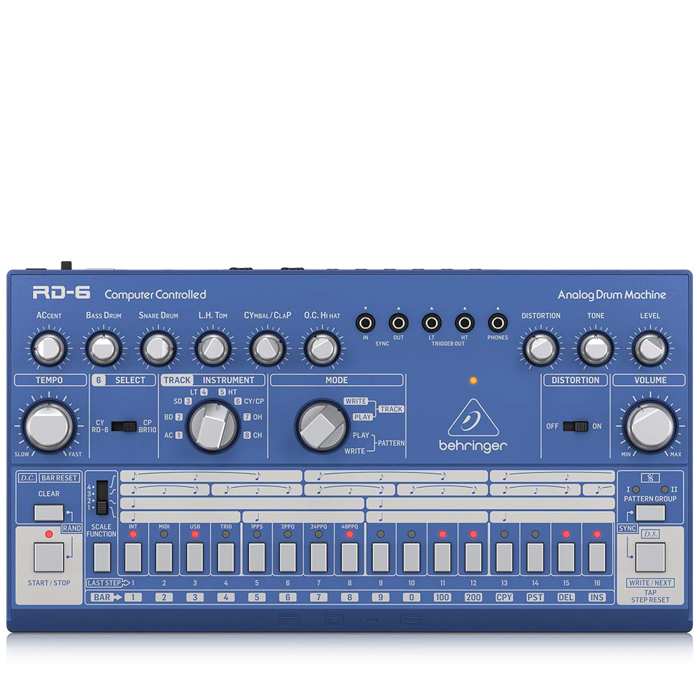 BehringerRHYTHM DESIGNER RD-6-BU Analog Drum Machine with 8 Drum Sounds, 64 Step Sequencer and Distortion Effects, Compatible with PC and Mac