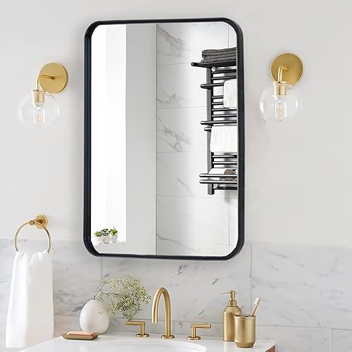 Round Edge Bathroom Mirror 24x36 Inches with Thick Black Frame,Looking Glasses Hanging Over Vanity Desk Makeup/Decoration for Wall Mounted on Entryway,Bedroom,Living Room