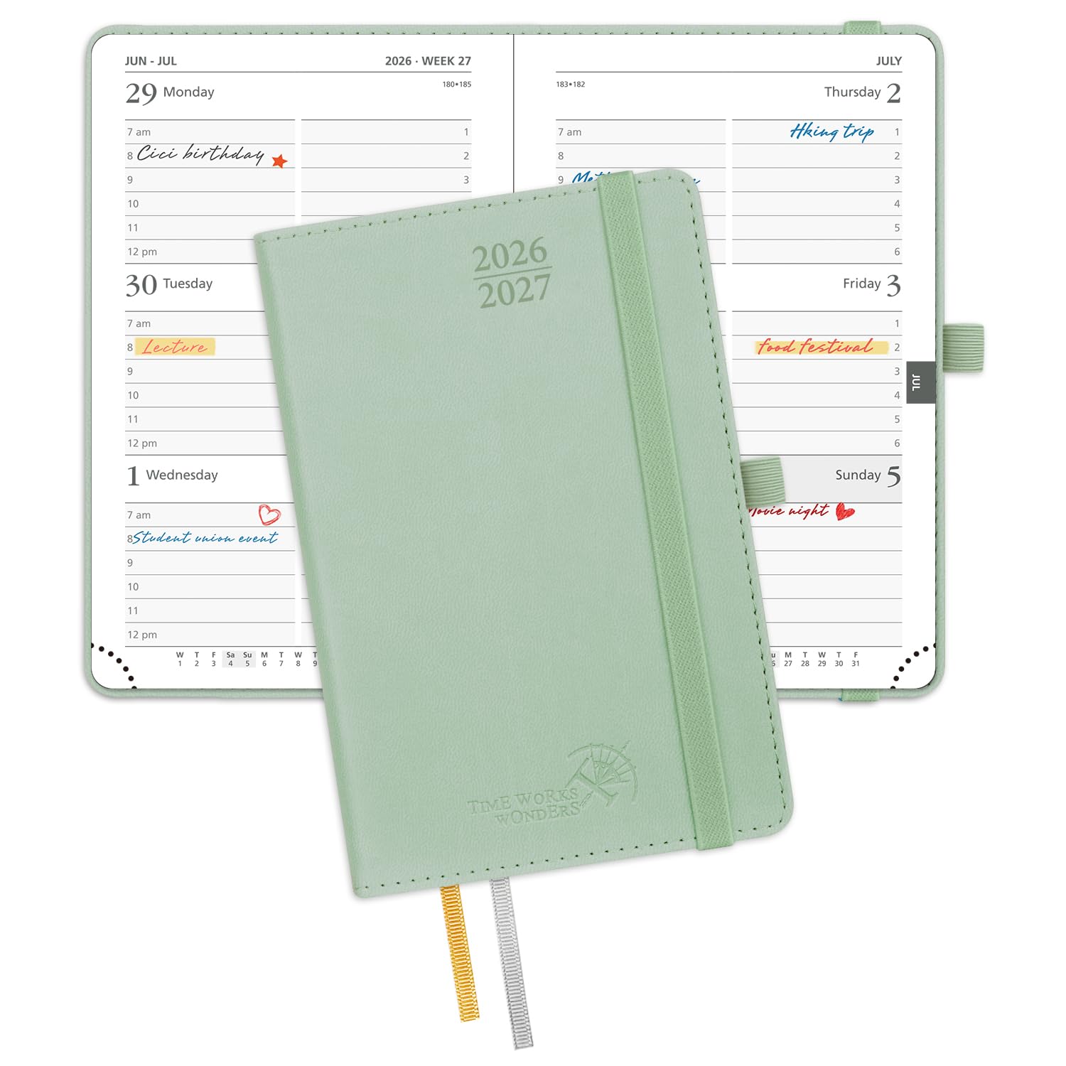 POPRUN Pocket Planner 2026-2027, Purse Size-4" x 6.25", Pocket Calendar (July 2026-June 2027) for Purse, Academic Small Weekly Planner with Hourly Slots, Leather Soft Cover, 100GSM - Celadon Green