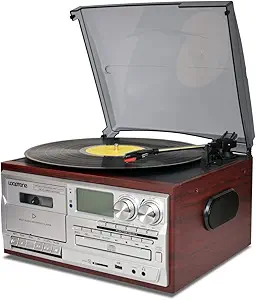 LoopTone Vinyl Record Player 9 in 1 3 Speed Bluetooth Vintage Turntable CD Cassette Player AM/FM Radio USB Recorder Aux-in RCA Line-Out