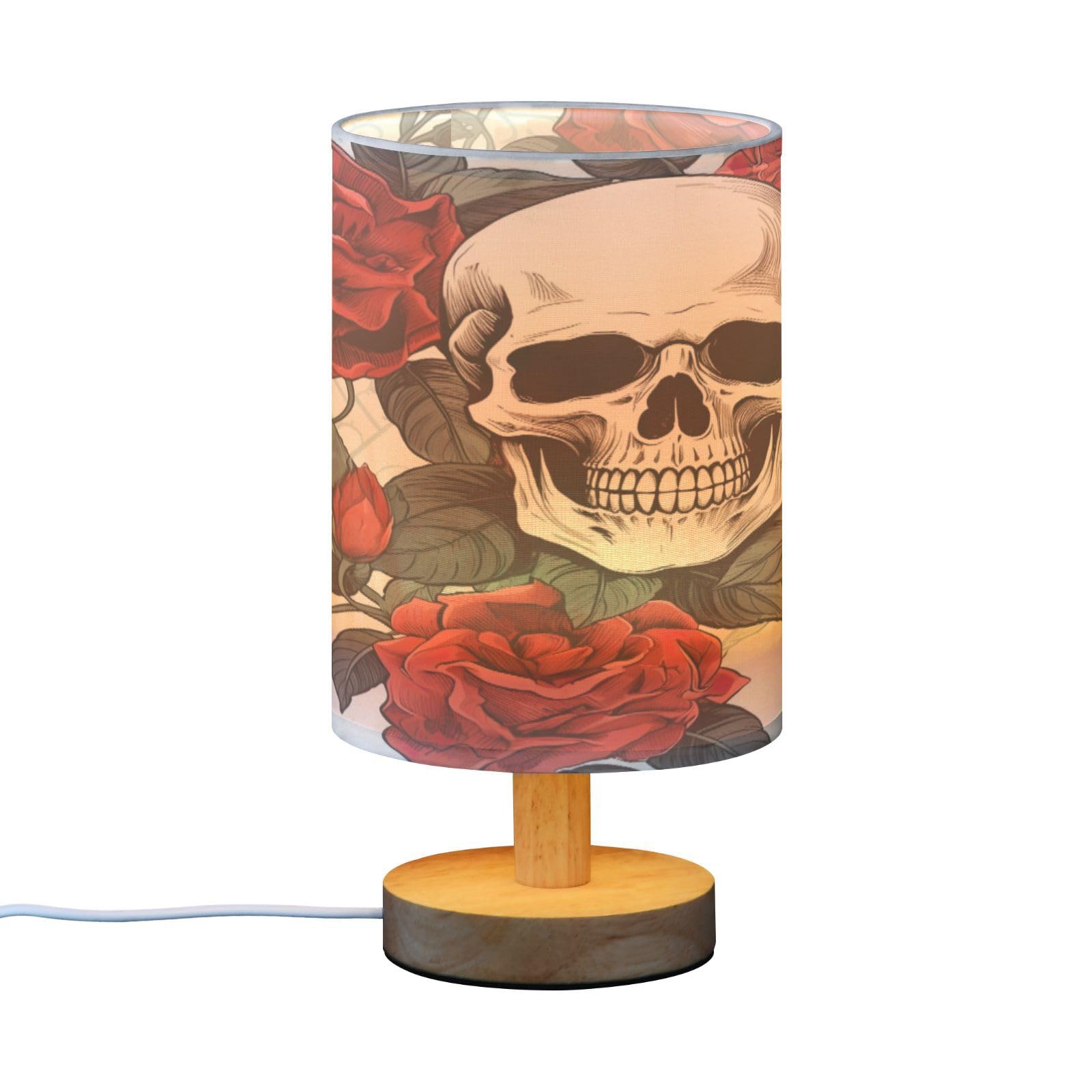 SDMKA Skulls with Red Roses Bedside Table Lamp for Bedroom, Minimalist Nightstand Lamp with Round Fabric Shade for Living Room, Office, No Bulb Required