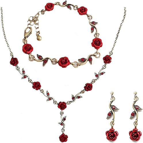 Caiyao Lily of The Valley - Juego de collar de hojas de rosa y aretes colgantes para mujeres, mamá, amiga, madre, vintage, cadena de borla, collar