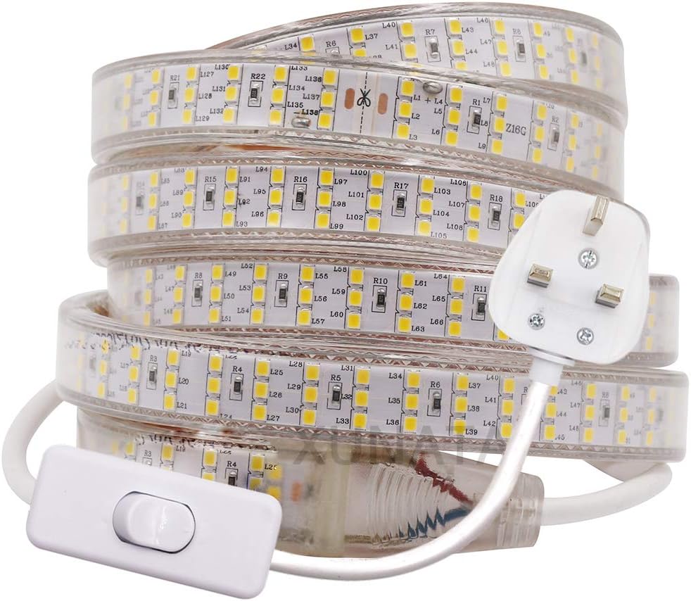 Xunata 9m LED Strip with Switch, 2835 SMD 276 LEDs/m Rope Light Mains Powered, IP65 Waterproof for Indoor Outdoor Decoration Warm White Ribbon Super Bright