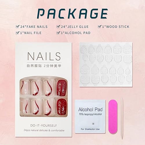 Miniatura 5 de 24 uñas postizas cortas a presión, uñas postizas cuadradas color rojo vino con purpurina ondulada, diseño de uñas adhesivas para otoño, invierno,