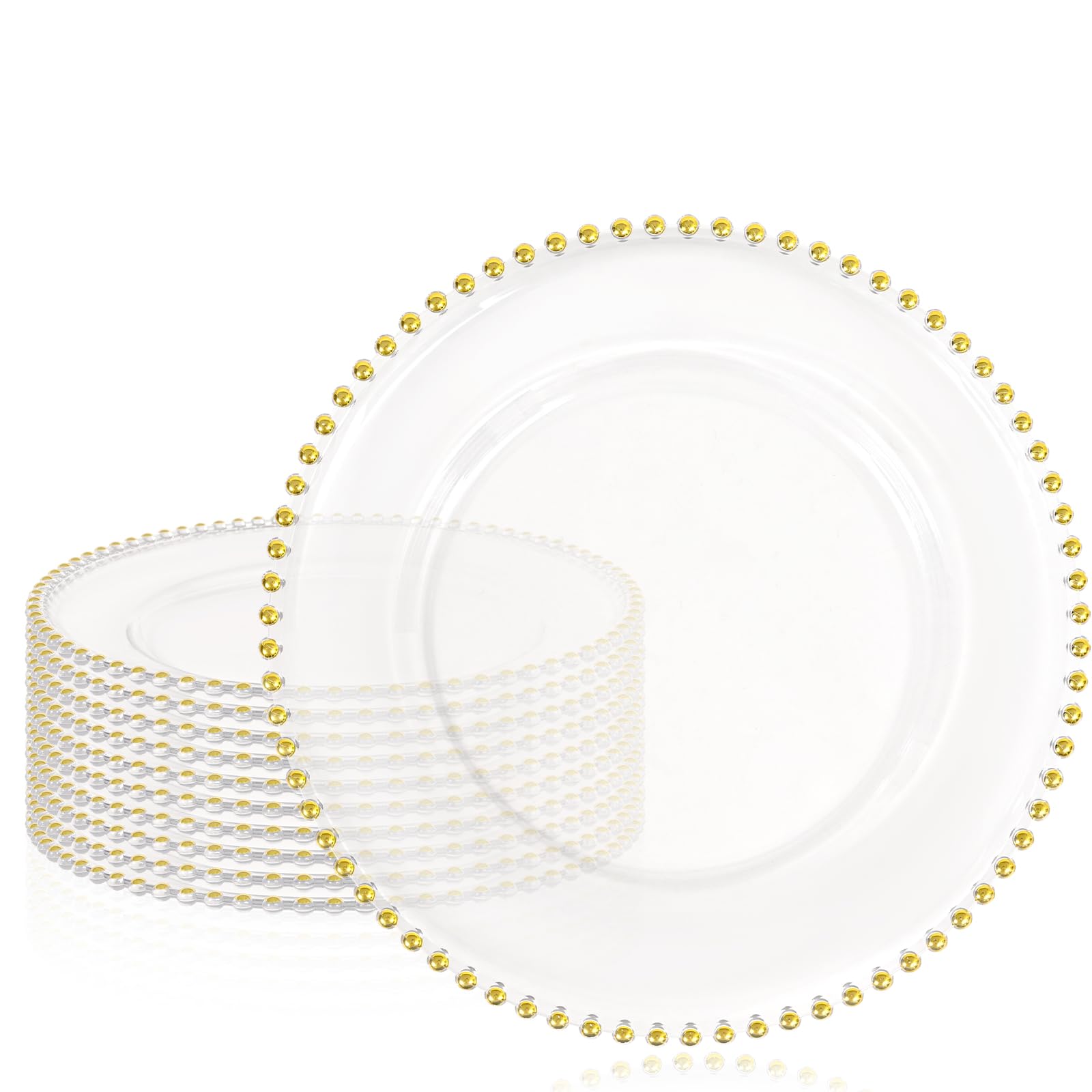 10 pack clear charger plates with beaded rim, 13 inch plastic chargers for dinner plates acrylic round tabletop decoration for home kitchen catering wedding table event party dinner (gold)
