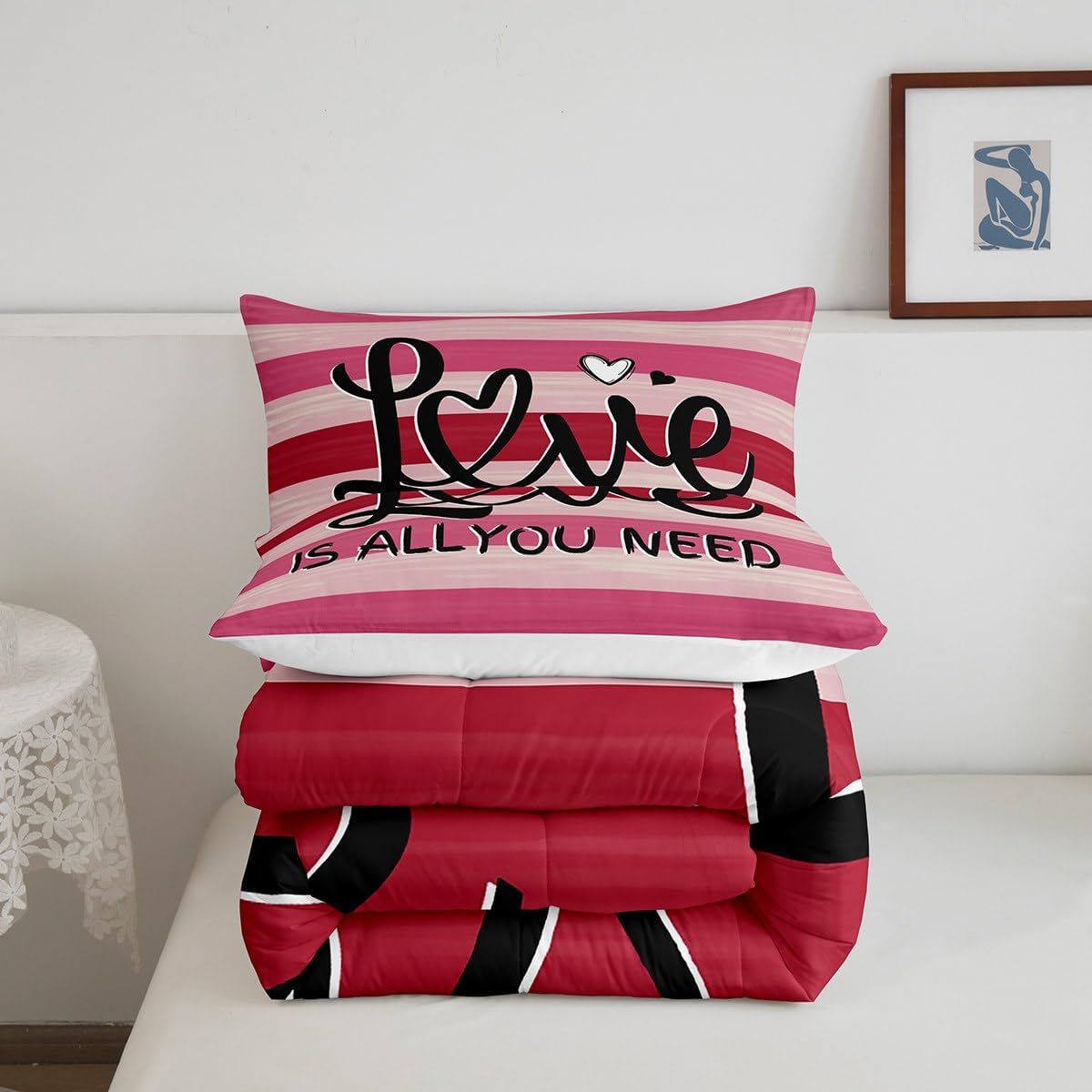 jejeloiu Hot Pink Bedding Set Toddler Size Romantic Love Cover for Women Men Stripe Line Duvet Quilt Breathable Soft Lightweight Microfiber Pink Rainbow Room Decor