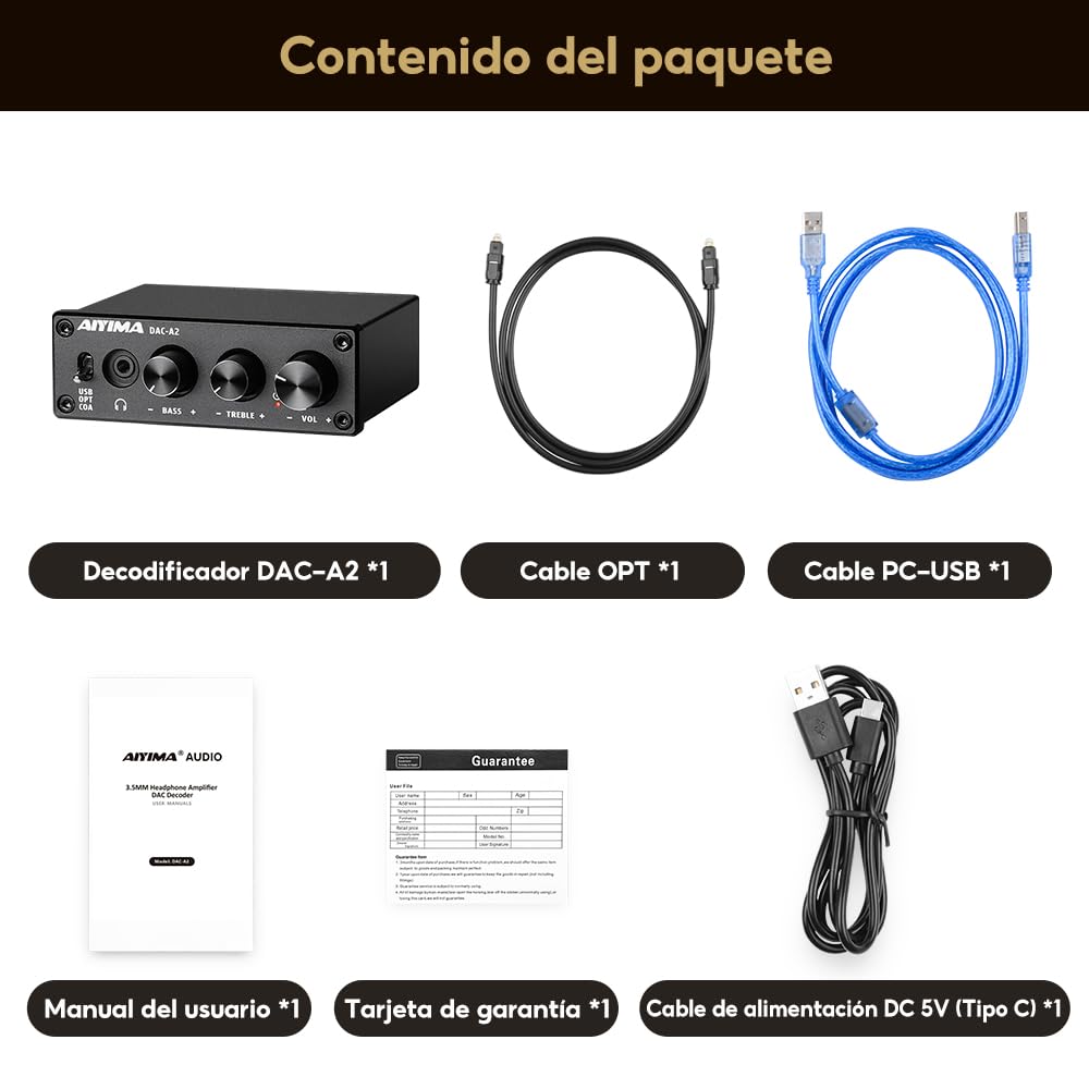 AIYIMA DAC A2 Amplificador de auriculares DAC Convertidor DAC estéreo de digital a analógico para PS5/PC/MAC Juego de sobremesa DAC Amp PC-USB/Coaxial/Optico a 3.5mm AUX RCA Salida de auriculares