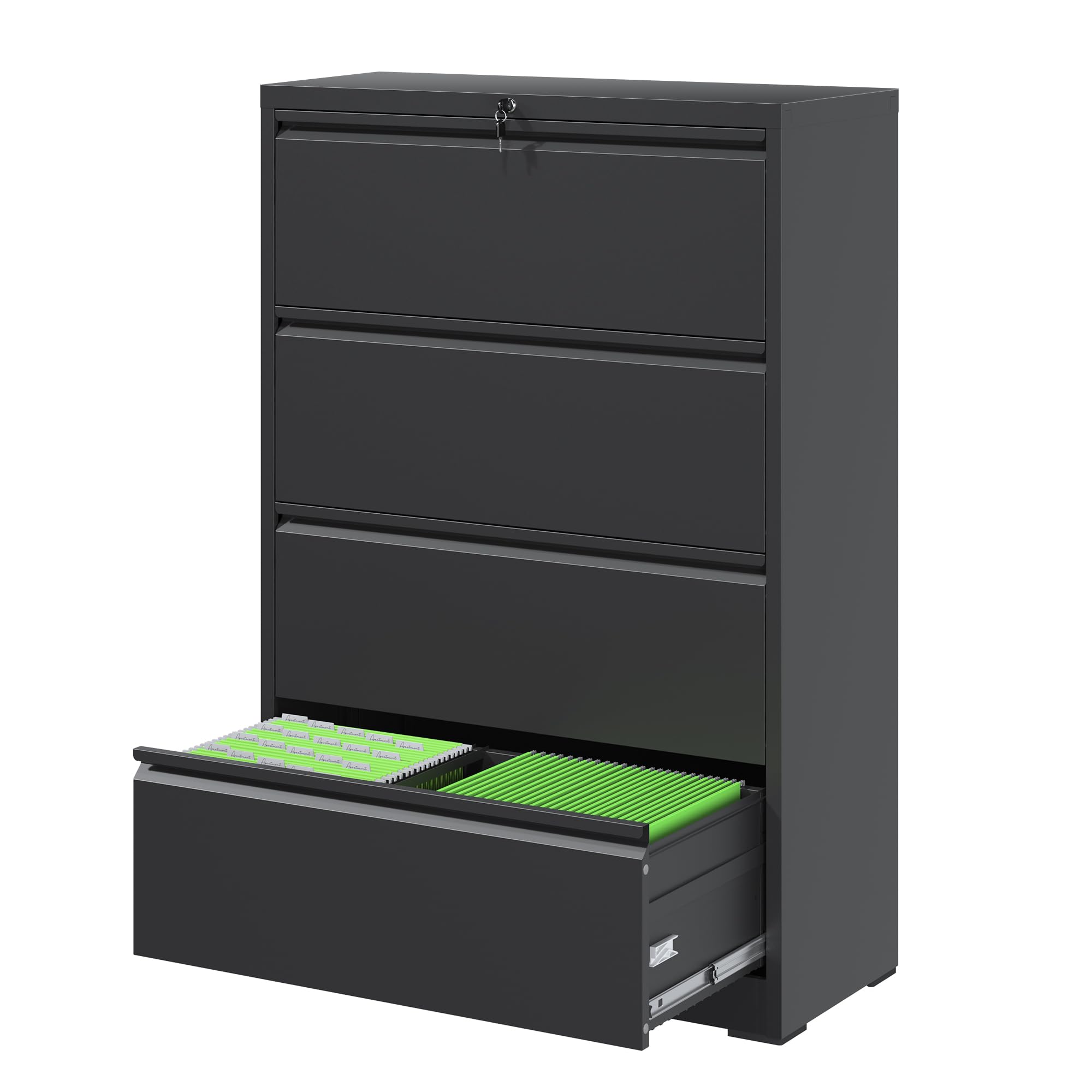 FLIXELIO File Cabinets 4 Drawer,Metal Office Storage Filing Cabinet with Lock,Black Lateral Filing Cabinet for Home Office,Horizontal Locking File Cabinet for Legal/Letter/A4 Files,Assembly Required