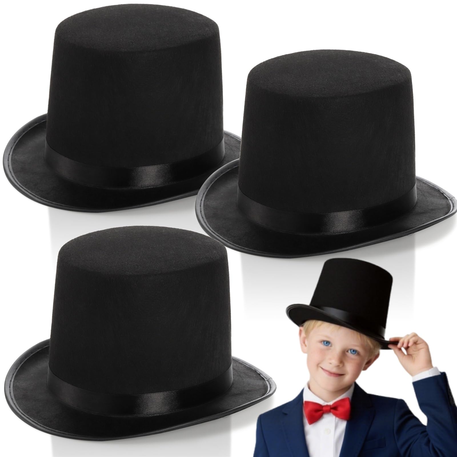 3 Pack Black Felt Top Hats for Kids, Funny Party Hat, Tall Victorian Tuxedo Costume Hats, Dress Up Hat, Coachman Hats for Cosplay, Stage Performance