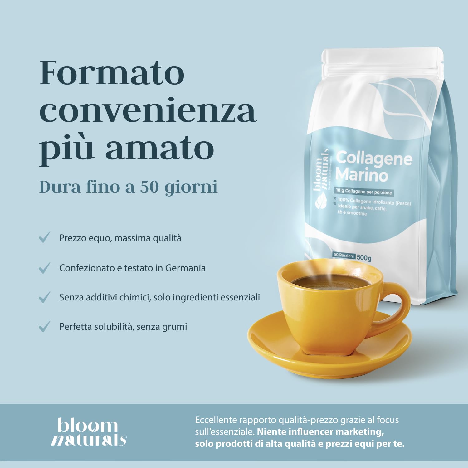 Collageno Marino Idrolizzato Polvere – 500g (50 porzioni) | Prodotto in Germania, testato in laboratorio – Collageno Marino Polvere