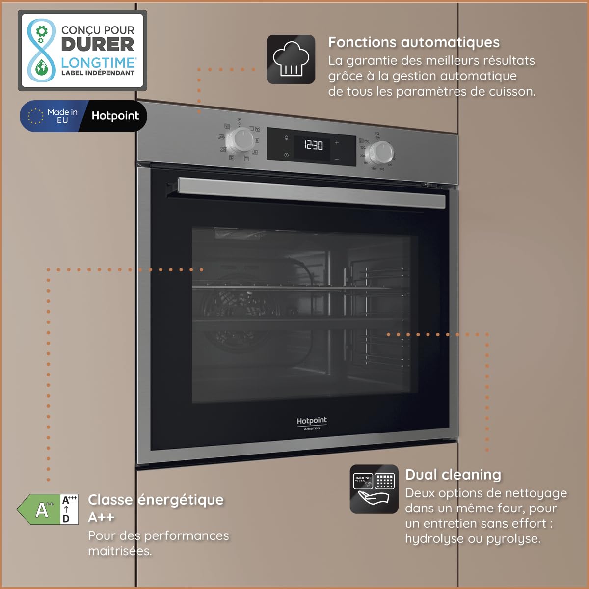 Hotpoint - HAO475PX Four Encastrable Pyrolyse 71L - Multifonction - Nettoyage Pyrolytique et Hydrolytique - Fonctions Automatiques Pain & Pâtisserie - Classe Énergétique A++ - Inox