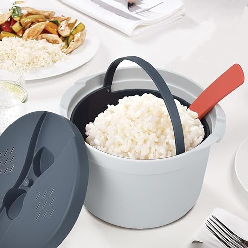 Miniatura 3 de Olla arrocera para microondas, 2 L, para microondas, para hacer pastas de arroz y verduras, cuchara, colador de tapa, antiadherente, utensilios de