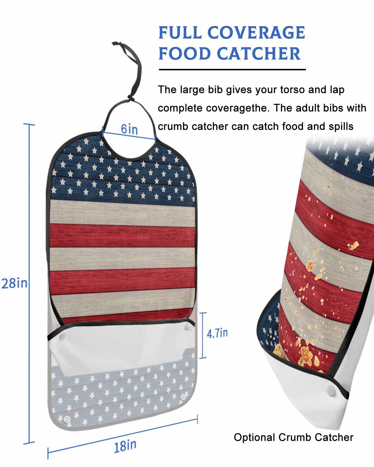Stripes Stars American Flag Adult Bib for Adults Men,Women,4th of July Farmhouse Woodgrain Washable & Adjustable Terry Cloth Bib with Crumb Catcher Reusable Waterproof Clothing Clothes Protector Apron