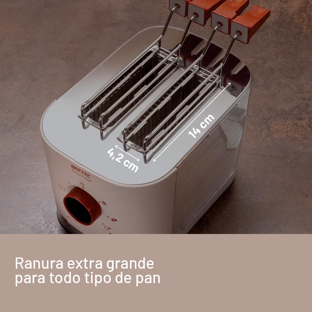 Imetec Grantoast - Tostadora XL de 2 rebanadas con pinzas deslizantes para tostadas rellenas - 7 niveles de dorado, fácil limpieza, pantalla LED, plancha para calentar, temporizador digital