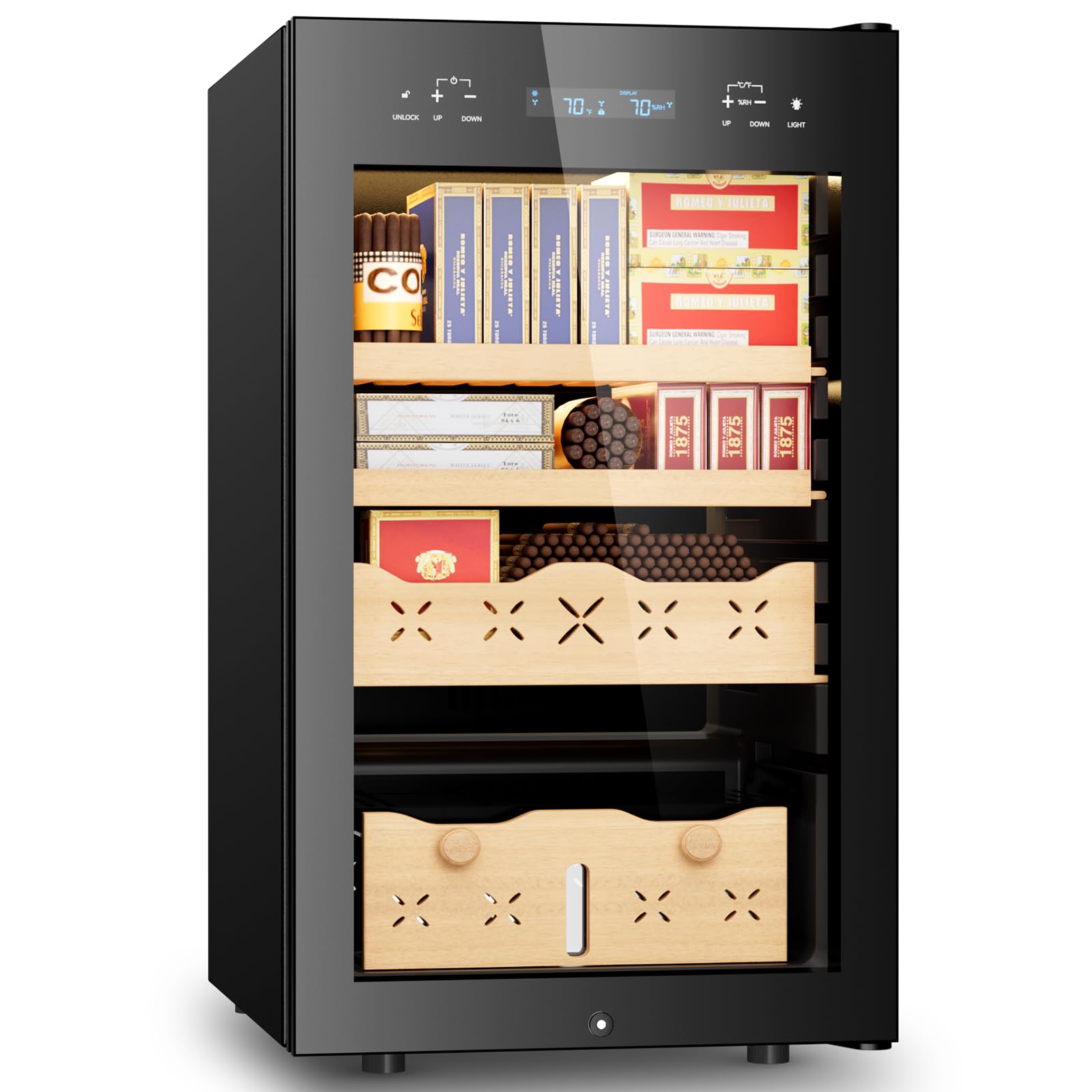 Lioncho 65L Intelligent Temperature & Humidity Adjustable Electronic Cabinet Lockable (500 Counts Capacity), Digital LCD Display, Spanish Cedar Wood Drawer | Fridge.com