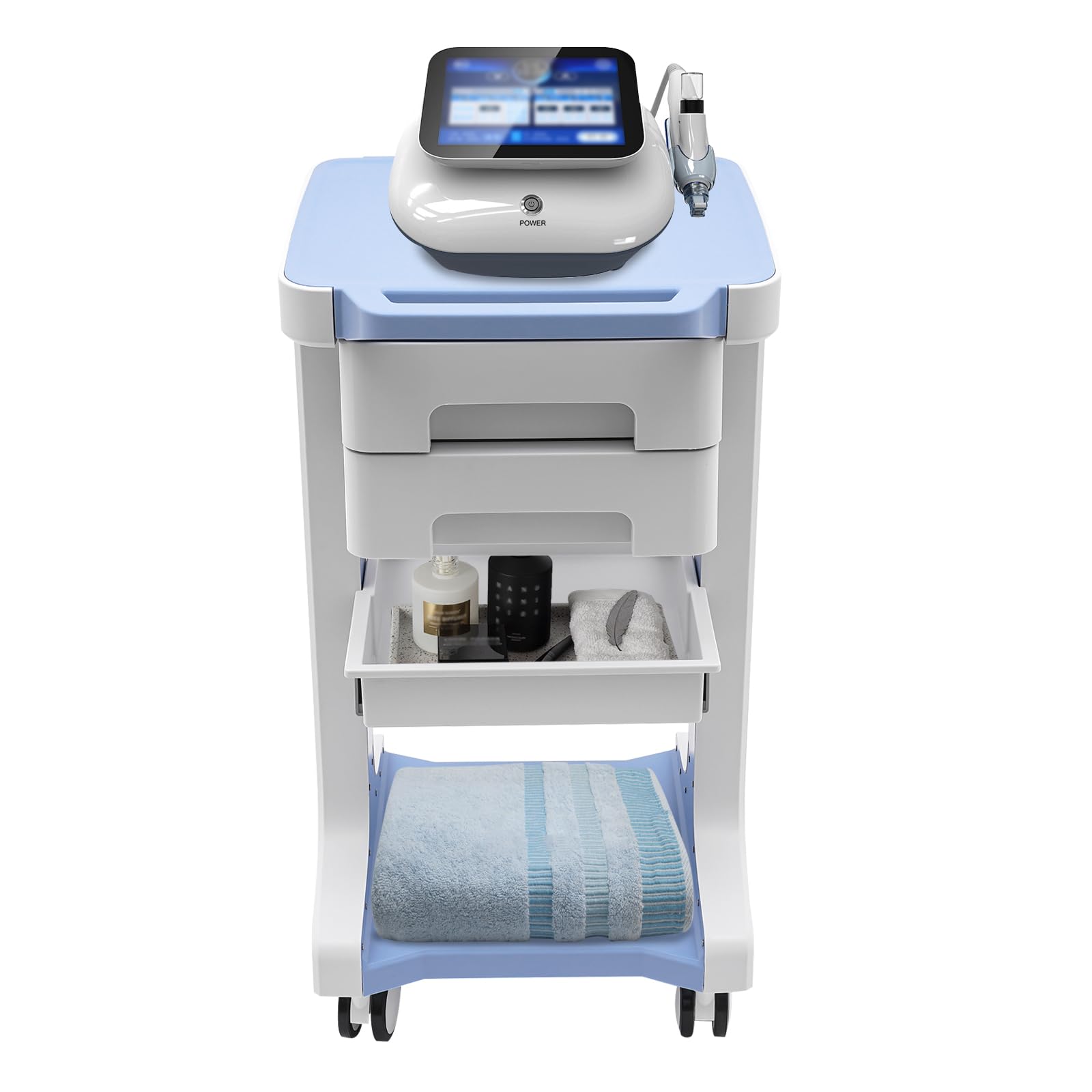 OUKANING Carrello medico con 2 cassetti, 41 x 41 x 67 cm, carrello da 50 kg, con vano portaoggetti, carrello per cosmetici, 4 ruote universali per parrucchiere, colore blu