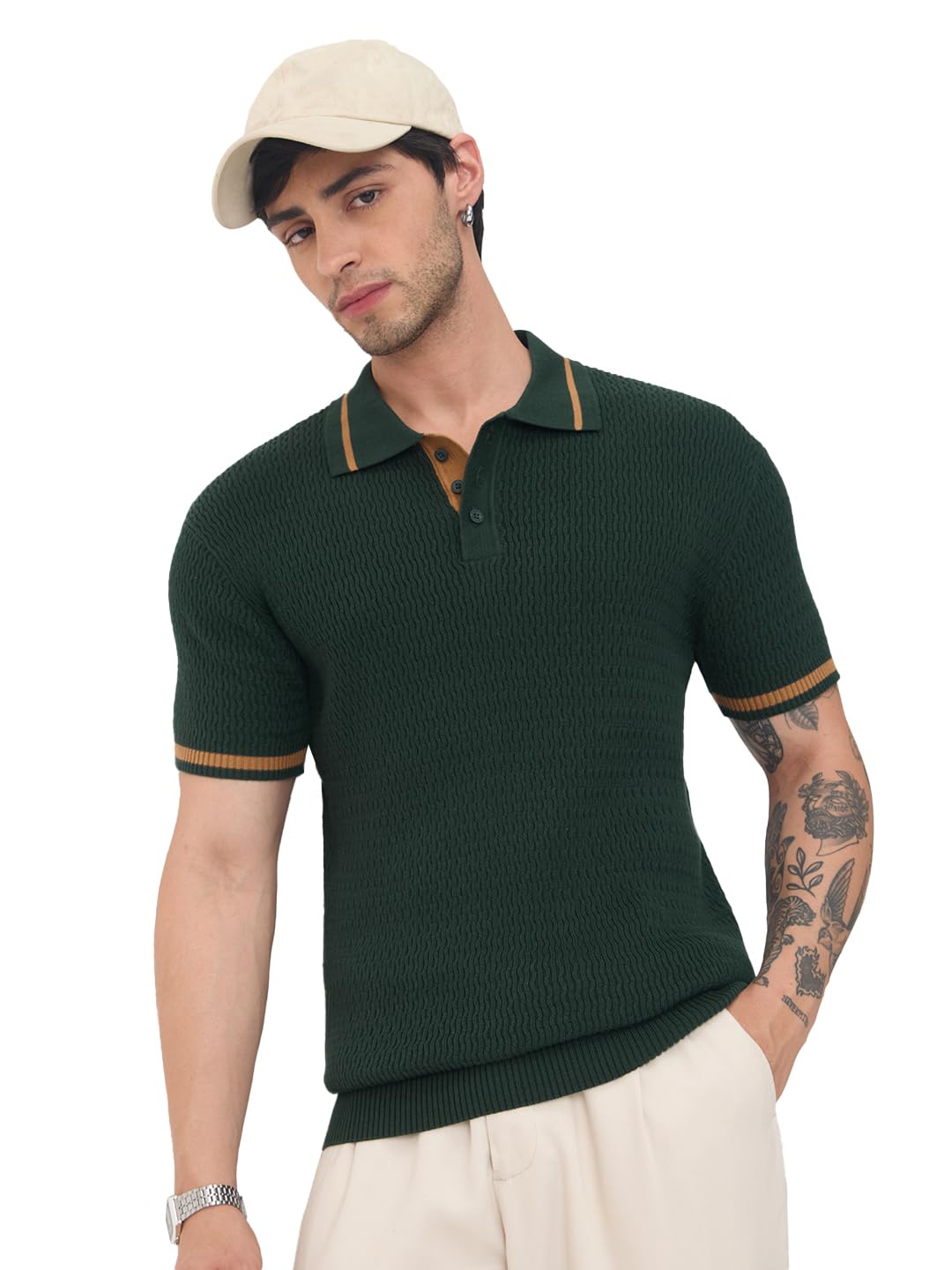the souled store Jacquard: Dark Sage Men and Boys Short Sleeve Spread Collar Mustard Textured Regular Fit Cotton Textured Knit Breathable Everyday Polos-picture-35