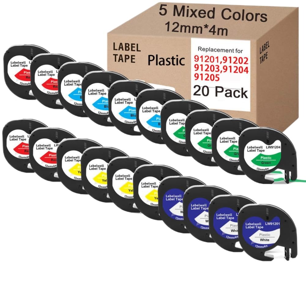 20pcs 12267 Etichette di plastica compatibili 91201 Black on White per LT-100H Label Maker Work(20PK Mixed LT Tapes)