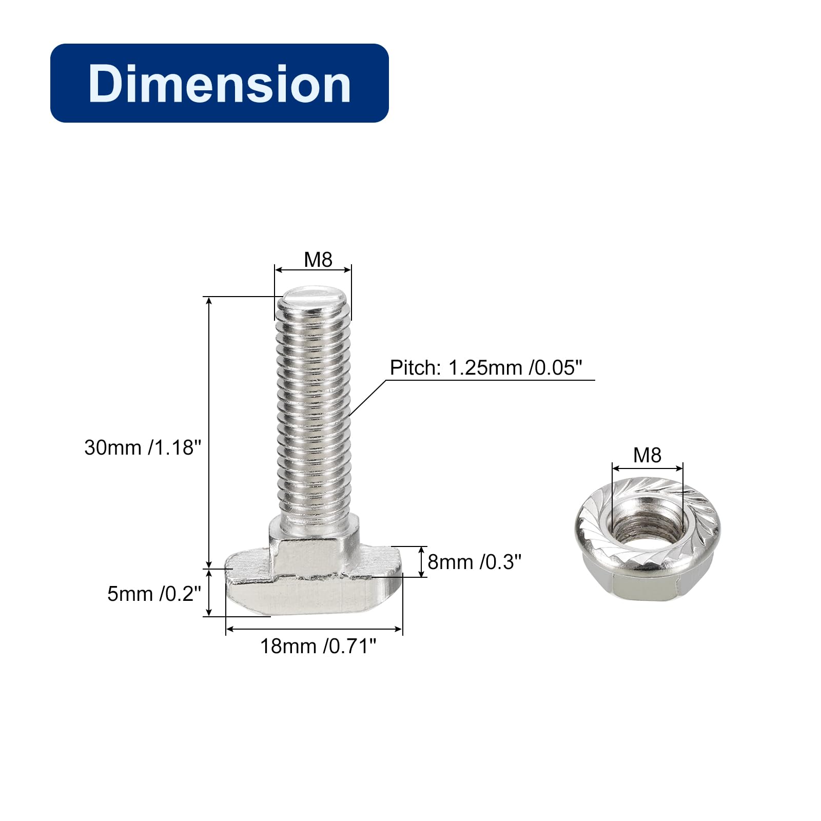 QUARKZMAN Vis en T avec Boulon M8X30mm et Écrous à Bride Hexagonale M8, 40 Ensembles de Boulons en T à Tête de Marteau et Tige en T pour Profilé en Aluminium de Série 45