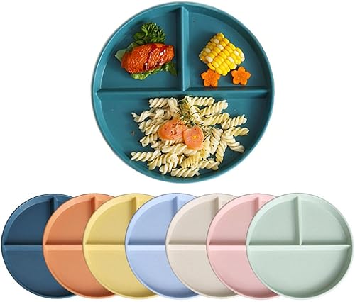 Platos llanos divididos para adultos de 9 pulgadas, platos irrompibles de control de porciones de 3 compartimentos, plato de plástico redondo